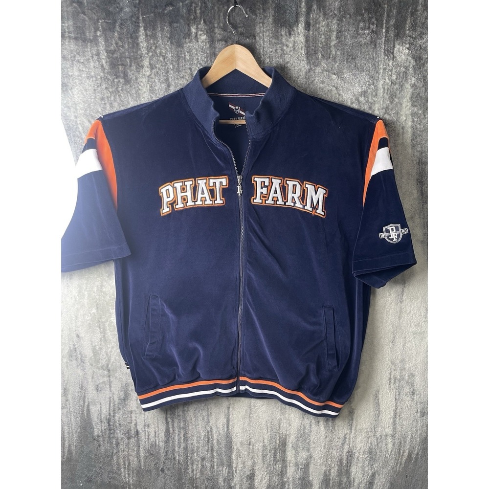 Phat Farm Vintage Mens 3XL Velour Blue Zip Jacket Short Sleeve Y2K Hip Hop 90s